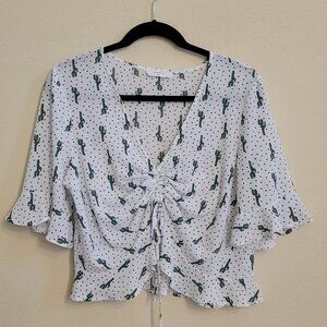 Elodie White Cropped Gathered Front Blue Polka Dot Cactus Pattern Top Size L